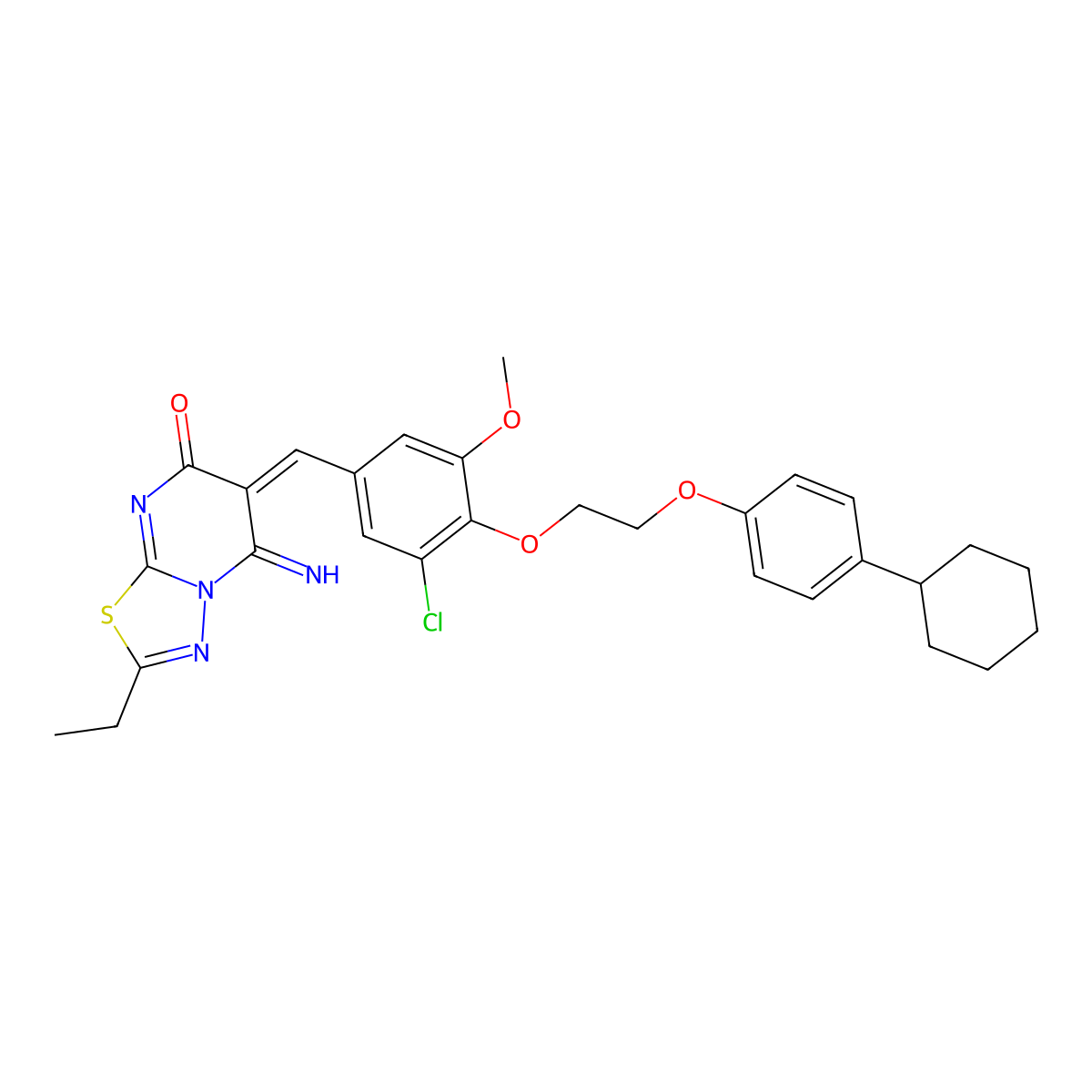 6-({3-Chloro-4-[2-(4-cyclohexylphenoxy)ethoxy]-5-methoxyphenyl}methylidene)-2-ethyl-5-imino-5,6-dihydro-7H-[1,3,4]thiadiazolo[3,2-a]pyrimidin-7-one molecular structure, CAS 5823-91-6