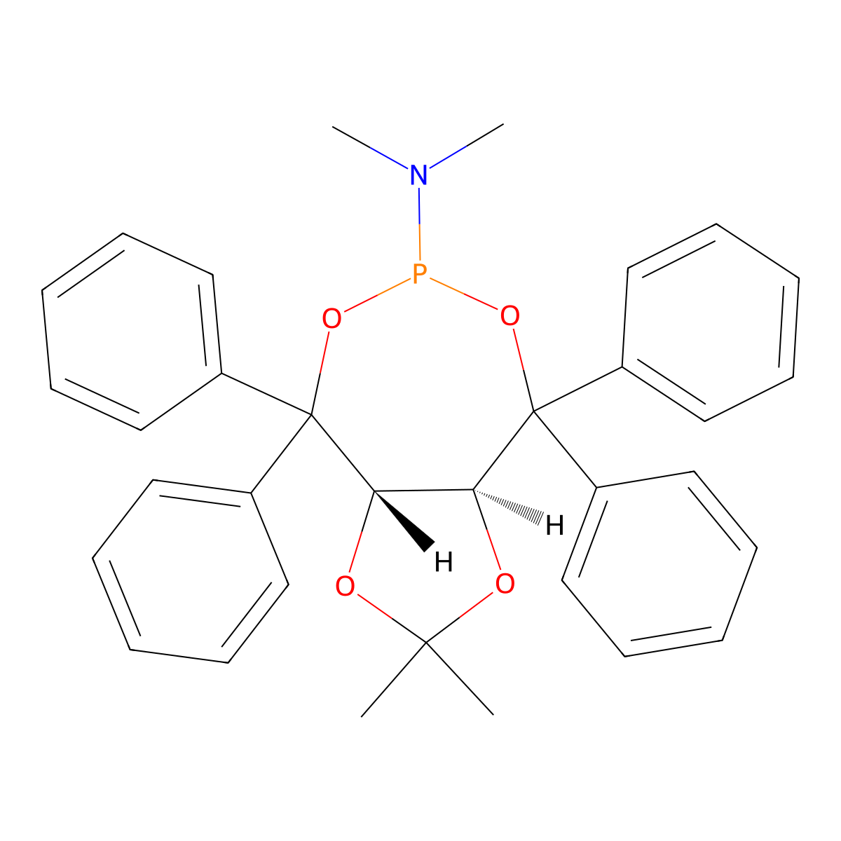 (3aS,8aS)-(2,2-Dimethyl-4,4,8,8-tetraphenyltetrahydro-[1,3]dioxolo[4,5-e][1,3,2]dioxaphosphepin-6-yl)dimethylamine molecular structure, CAS 582300-09-2