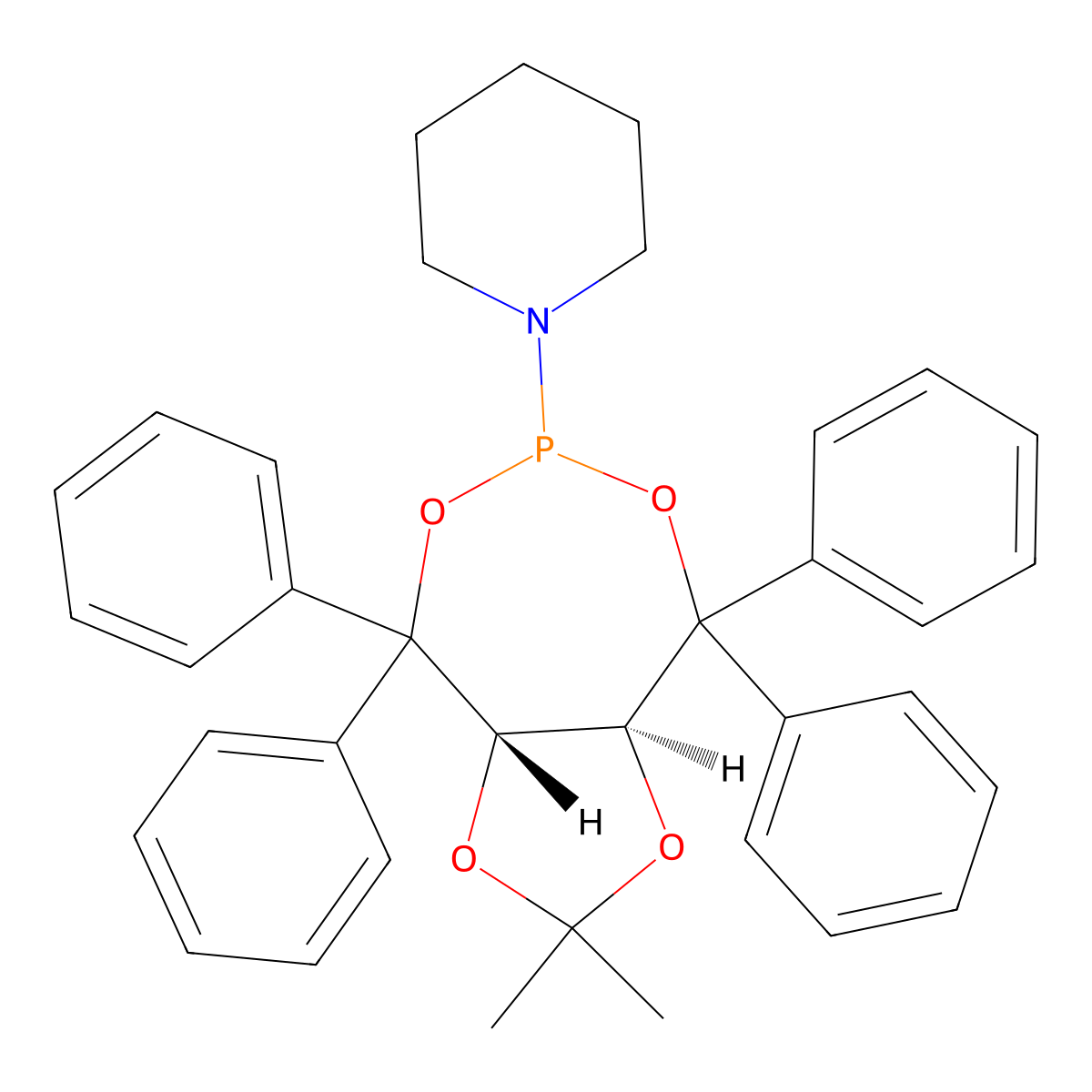 1-((3AS,8aS)-2,2-dimethyl-4,4,8,8-tetraphenyltetrahydro-[1,3]dioxolo[4,5-e][1,3,2]dioxaphosphepin-6-yl)piperidine molecular structure, CAS 582300-11-6