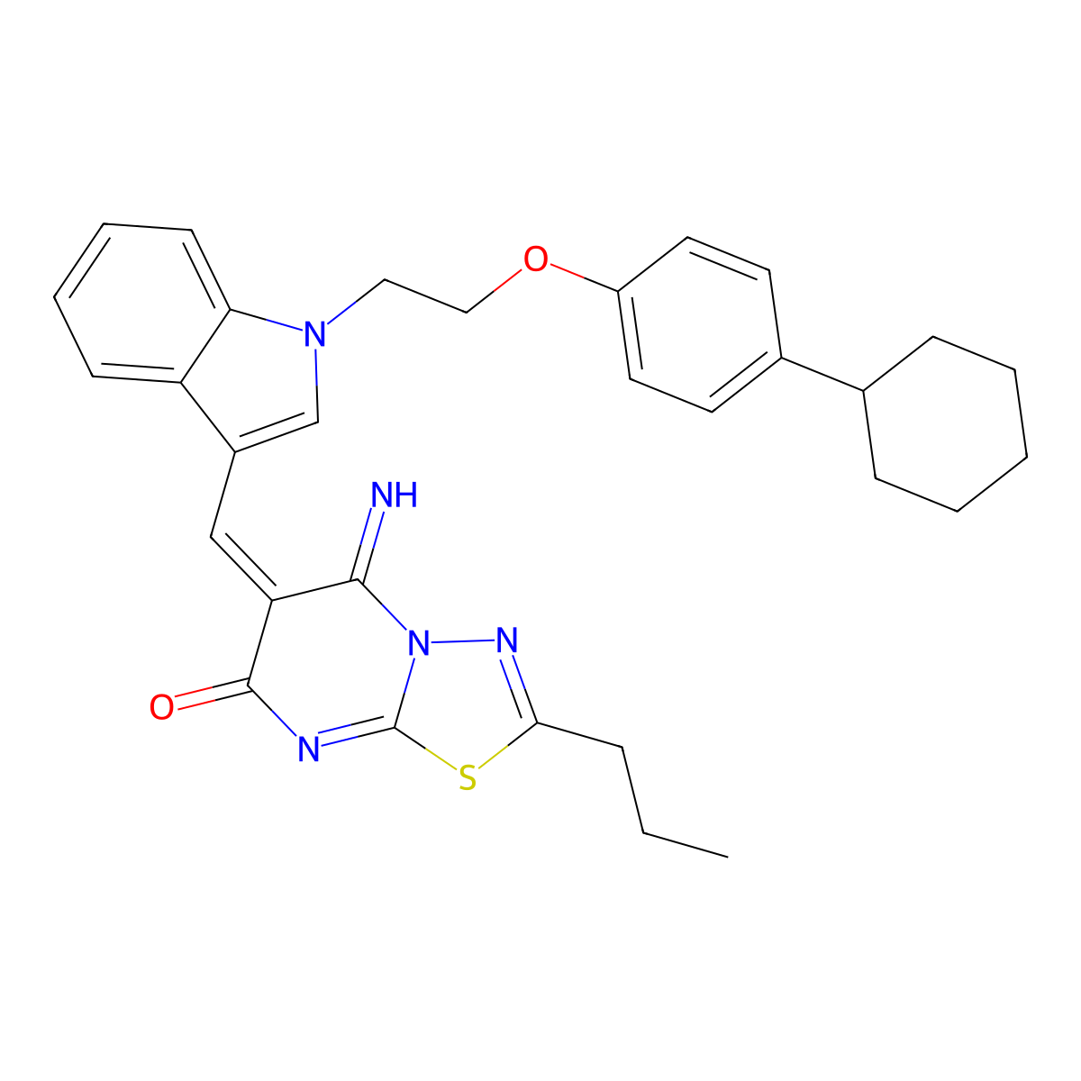 6-[[1-[2-(4-Cyclohexylphenoxy)ethyl]indol-3-yl]methylidene]-5-imino-2-propyl-[1,3,4]thiadiazolo[3,2-a]pyrimidin-7-one molecular structure, CAS 5824-14-6