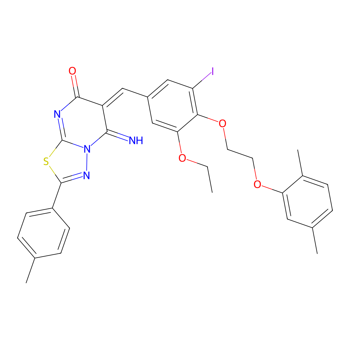 6-[[4-[2-(2,5-Dimethylphenoxy)ethoxy]-3-ethoxy-5-iodophenyl]methylidene]-5-imino-2-(4-methylphenyl)-[1,3,4]thiadiazolo[3,2-a]pyrimidin-7-one molecular structure, CAS 5824-54-4