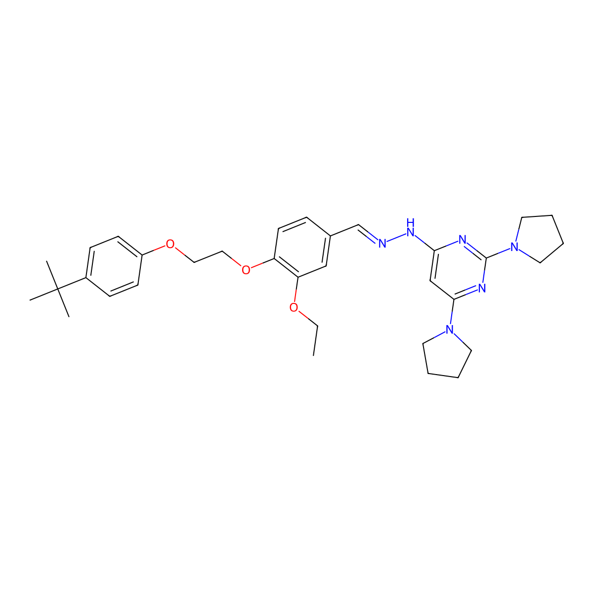 4-[2-({4-[2-(4-tert-Butylphenoxy)ethoxy]-3-ethoxyphenyl}methylidene)hydrazinyl]-2,6-di(pyrrolidin-1-yl)pyrimidine molecular structure, CAS 5825-16-1