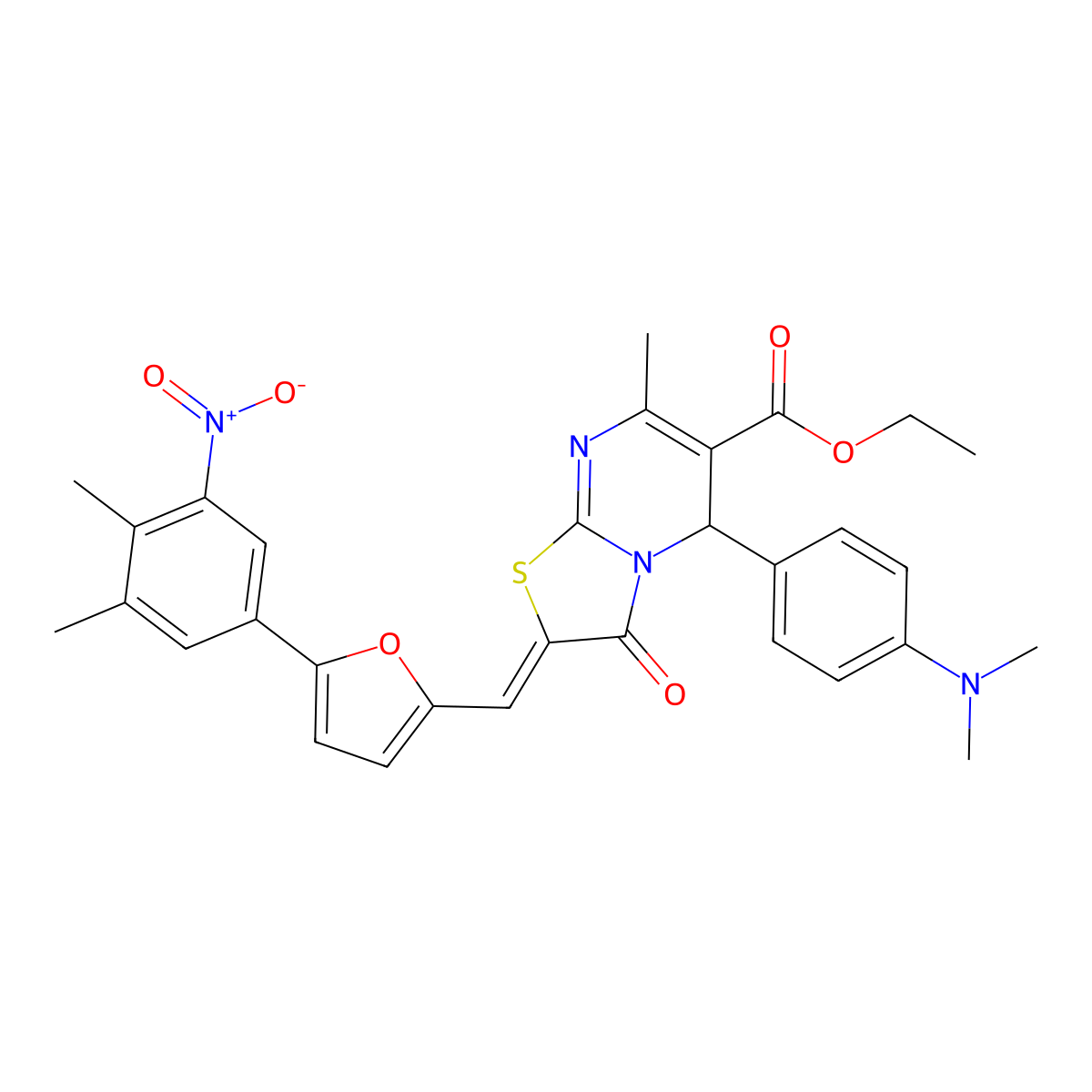 Ethyl 5-[4-(dimethylamino)phenyl]-2-{[5-(3,4-dimethyl-5-nitrophenyl)furan-2-yl]methylidene}-7-methyl-3-oxo-2,3-dihydro-5H-[1,3]thiazolo[3,2-a]pyrimidine-6-carboxylate molecular structure, CAS 5826-11-9