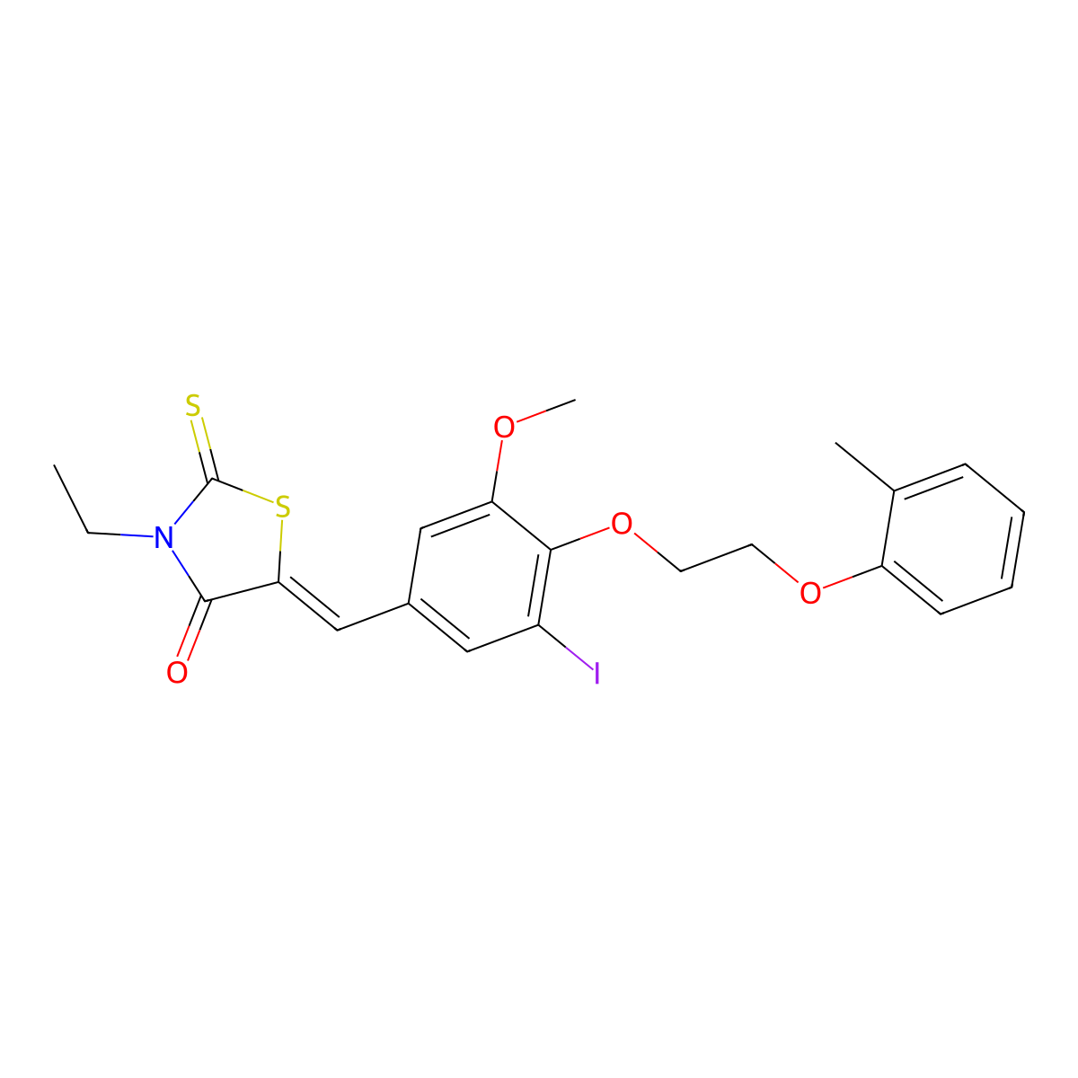 3-Ethyl-5-({3-iodo-5-methoxy-4-[2-(2-methylphenoxy)ethoxy]phenyl}methylidene)-2-sulfanylidene-1,3-thiazolidin-4-one molecular structure, CAS 5826-37-9