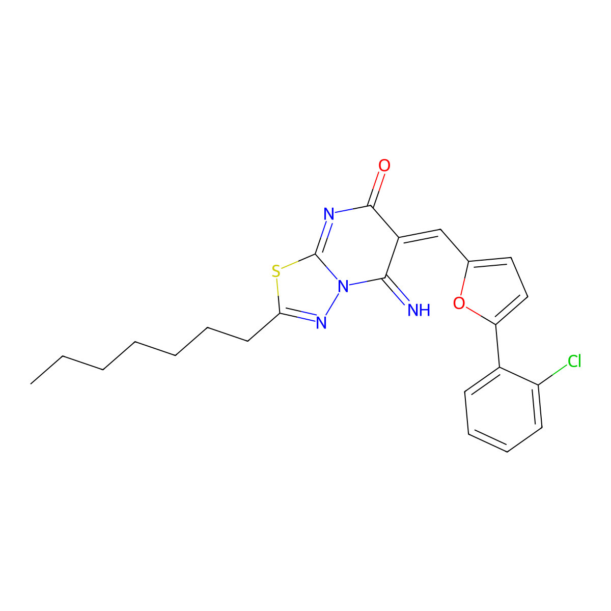 6-[[5-(2-Chlorophenyl)furan-2-yl]methylidene]-2-heptyl-5-imino-[1,3,4]thiadiazolo[3,2-a]pyrimidin-7-one molecular structure, CAS 5826-58-4