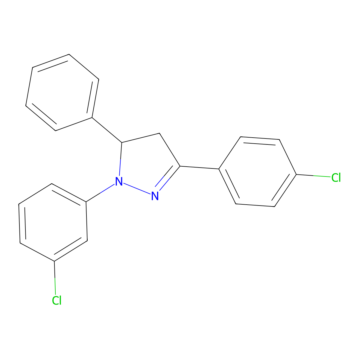 1-(3-Chlorophenyl)-3-(4-chlorophenyl)-4,5-dihydro-5-phenyl-1H-pyrazole molecular structure, CAS 5838-36-8