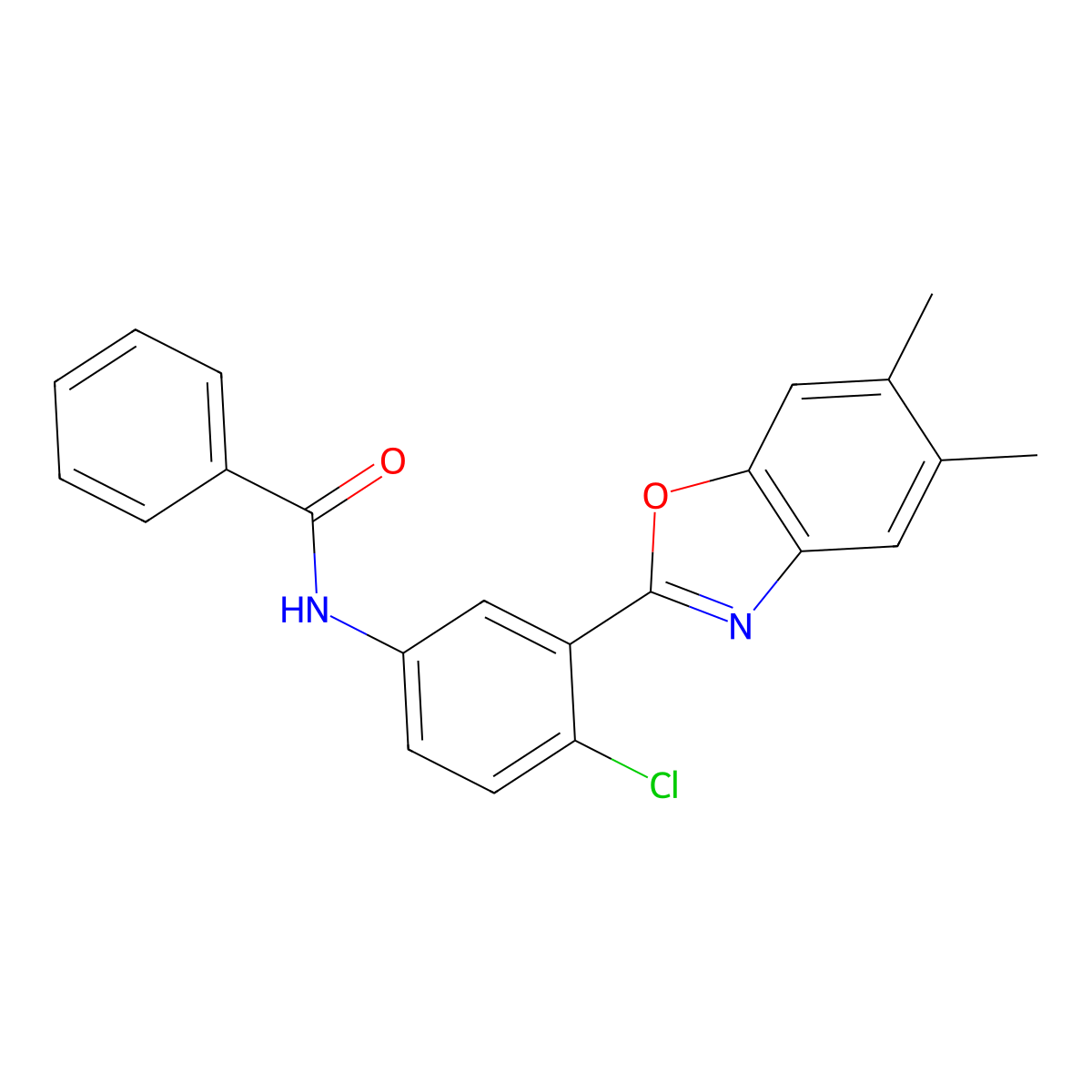 N-[4-chloro-3-(5,6-dimethyl-1,3-benzoxazol-2-yl)phenyl]benzamide molecular structure, CAS 5839-00-9