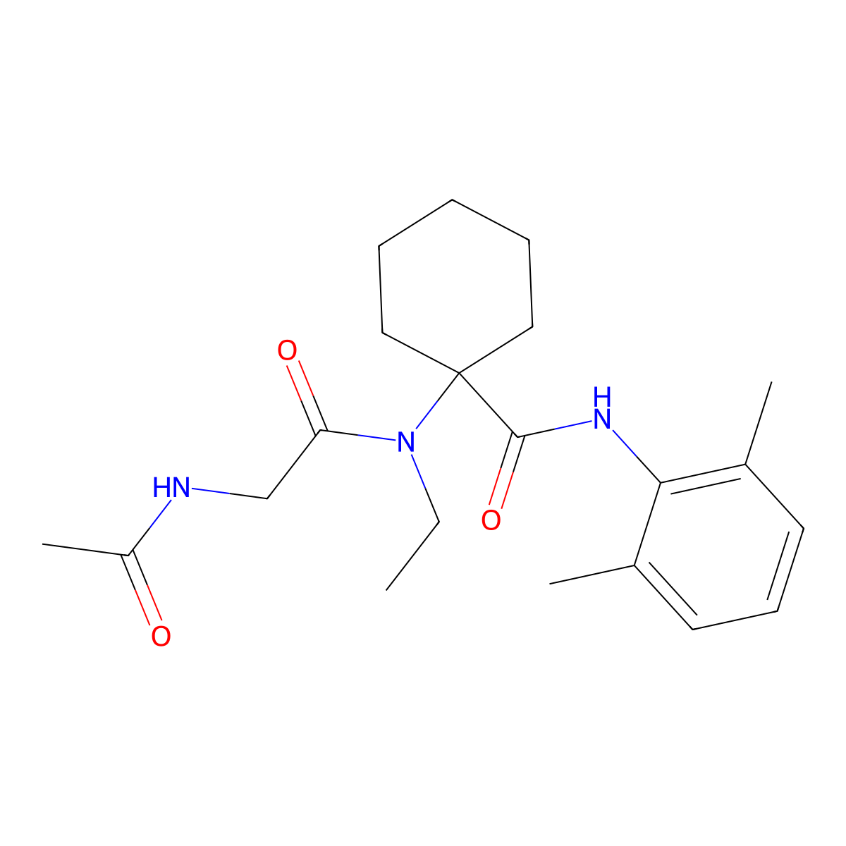 1-[(N-acetylglycyl)(ethyl)amino]-N-(2,6-dimethylphenyl)cyclohexanecarboxamide molecular structure, CAS 5839-58-7