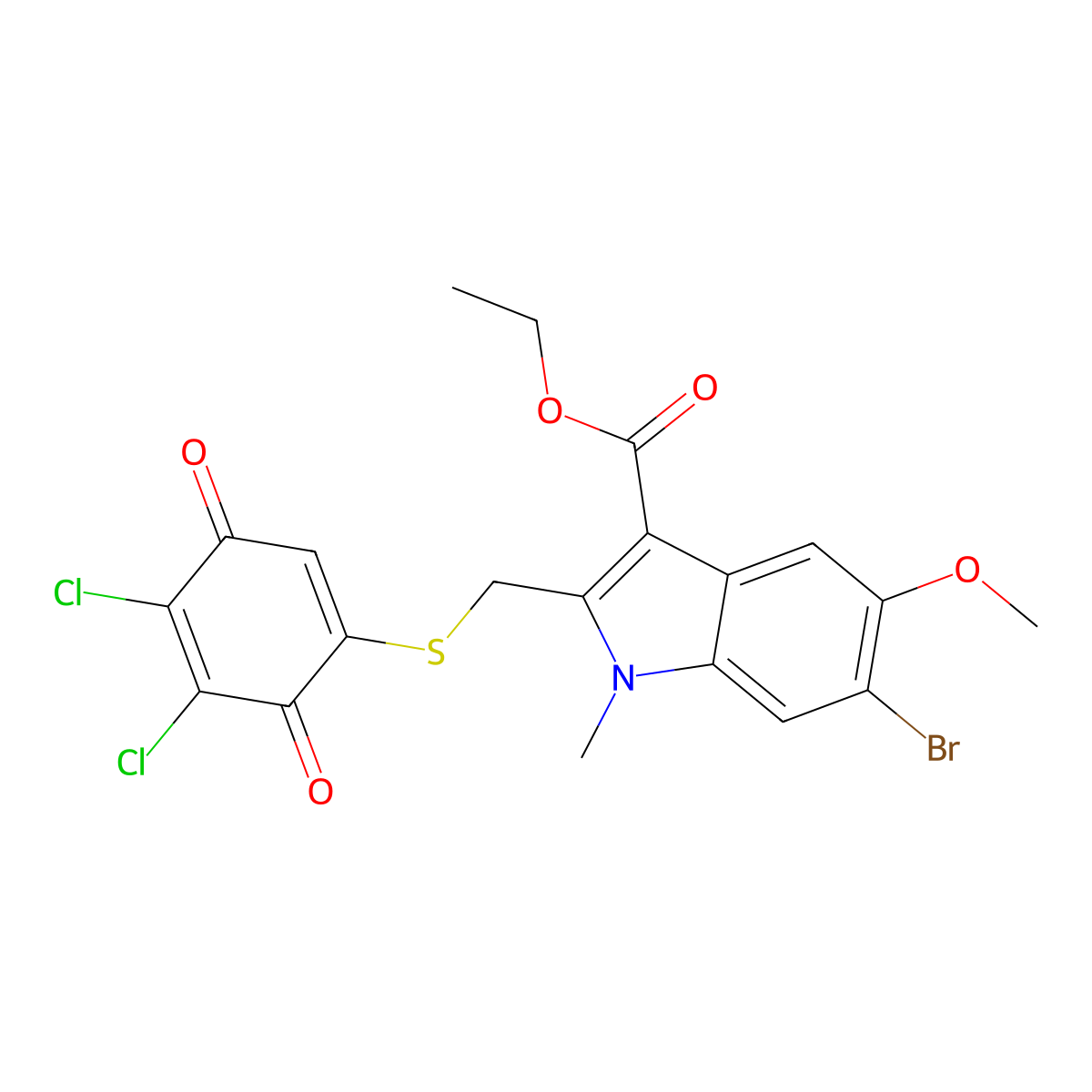 ethyl 6-bromo-2-{[(4,5-dichloro-3,6-dioxocyclohexa-1,4-dien-1-yl)sulfanyl]methyl}-5-methoxy-1-methyl-1H-indole-3-carboxylate molecular structure, CAS 5839-89-4