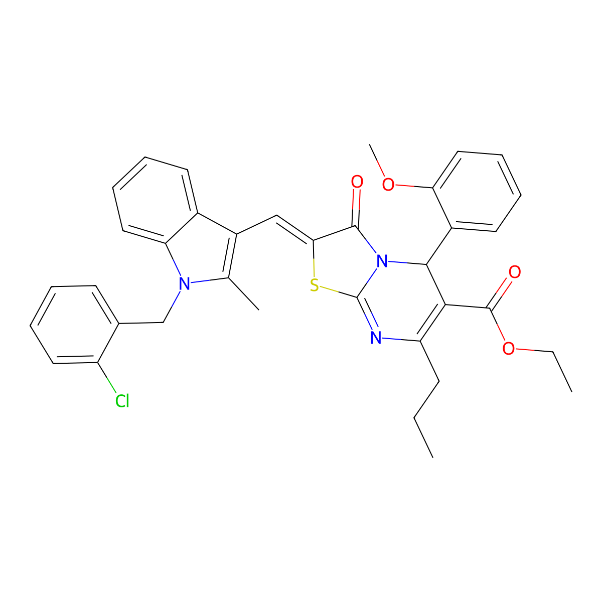 Ethyl 2-({1-[(2-chlorophenyl)methyl]-2-methyl-1H-indol-3-yl}methylidene)-5-(2-methoxyphenyl)-3-oxo-7-propyl-2,3-dihydro-5H-[1,3]thiazolo[3,2-a]pyrimidine-6-carboxylate molecular structure, CAS 5842-33-1