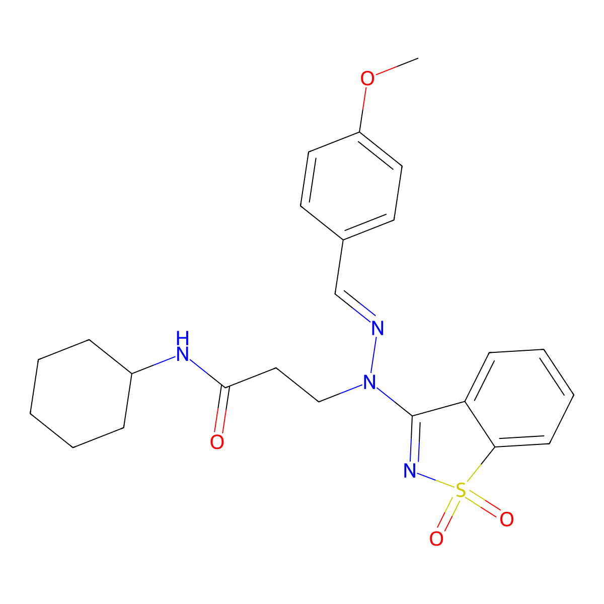 N-Cyclohexyl-3-{1-(1,1-dioxo-1H-1lambda~6~,2-benzothiazol-3-yl)-2-[(4-methoxyphenyl)methylidene]hydrazinyl}propanamide molecular structure, CAS 5842-60-4