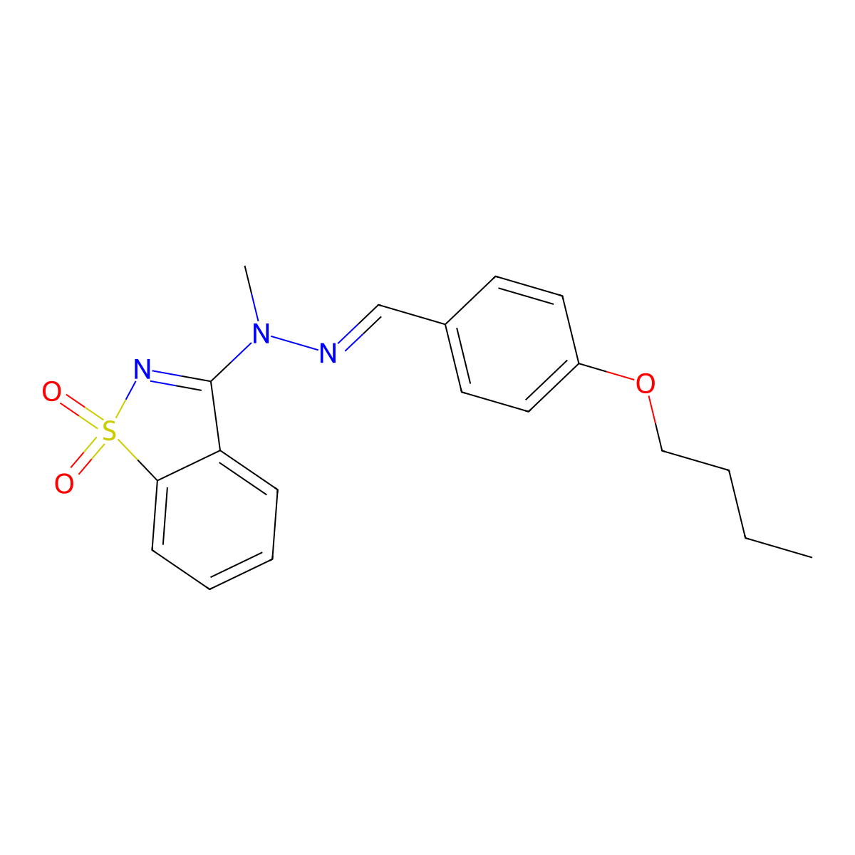 N-[(4-butoxyphenyl)methylideneamino]-N-methyl-1,1-dioxo-1,2-benzothiazol-3-amine molecular structure, CAS 5842-63-7
