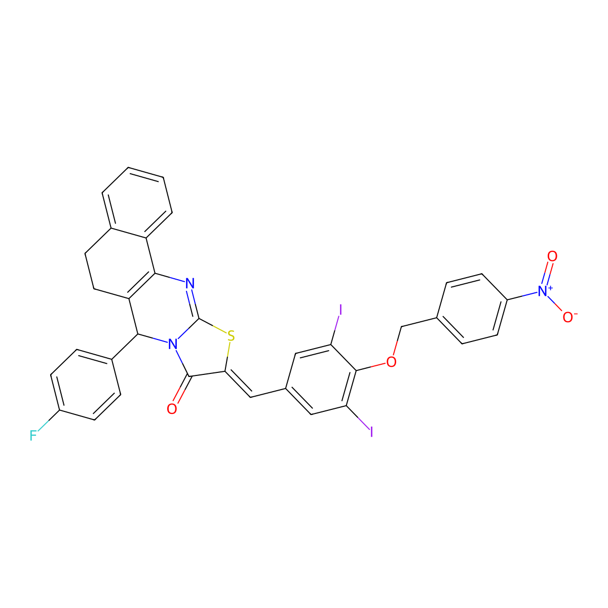 14-[[3,5-Diiodo-4-[(4-nitrophenyl)methoxy]phenyl]methylidene]-11-(4-fluorophenyl)-15-thia-12,17-diazatetracyclo[8.7.0.02,7.012,16]heptadeca-1(10),2,4,6,16-pentaen-13-one molecular structure, CAS 5842-68-2