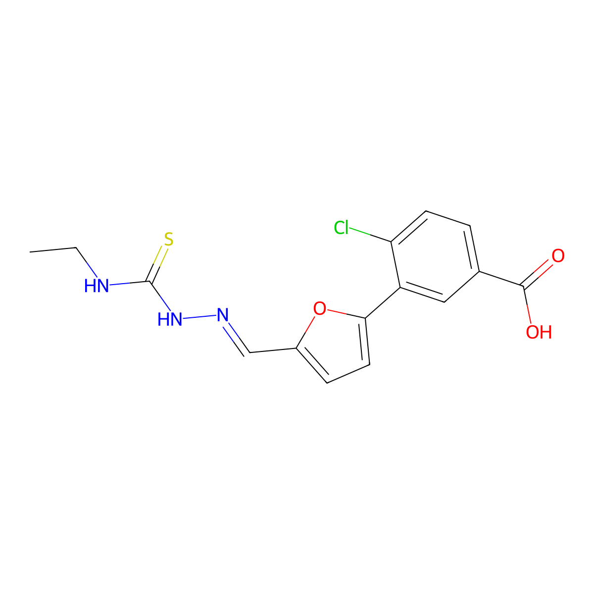 4-Chloro-3-[5-[(ethylcarbamothioylhydrazinylidene)methyl]furan-2-yl]benzoic acid molecular structure, CAS 5843-26-5