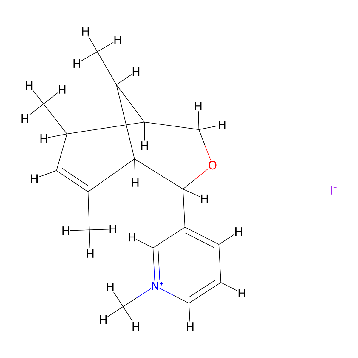 1-Methyl-3-(6,8,9-trimethyl-3-oxabicyclo[3.3.1]non-7-en-2-yl)pyridin-1-ium;iodide molecular structure, CAS 5844-88-2