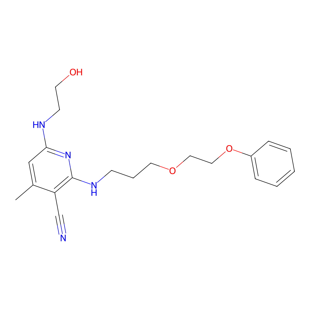 6-((2-Hydroxyethyl)amino)-4-methyl-2-((3-(2-phenoxyethoxy)propyl)amino)nicotinonitrile molecular structure, CAS 58444-23-8