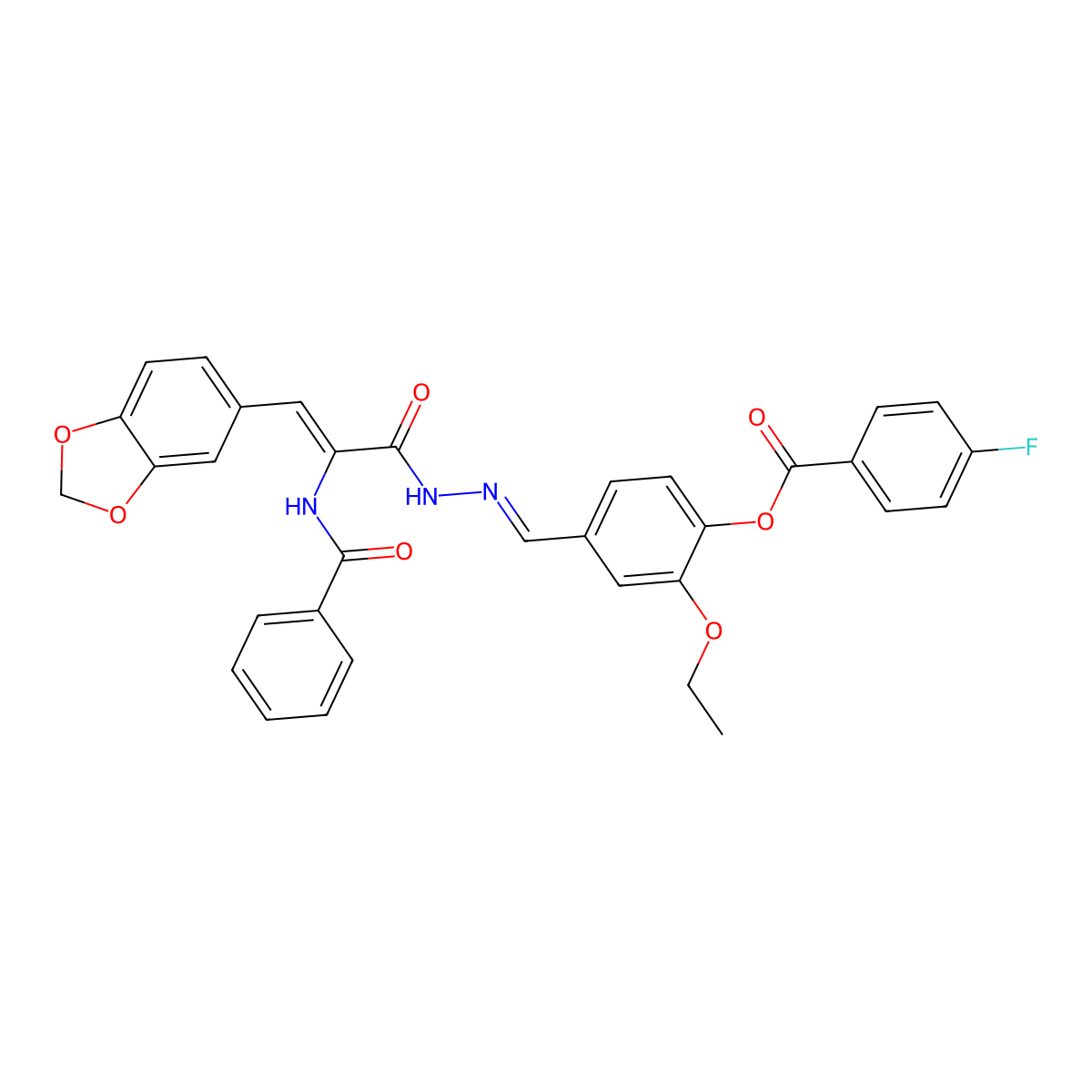 4-({2-[2-Benzamido-3-(2H-1,3-benzodioxol-5-yl)acryloyl]hydrazinylidene}methyl)-2-ethoxyphenyl 4-fluorobenzoate molecular structure, CAS 5845-01-2