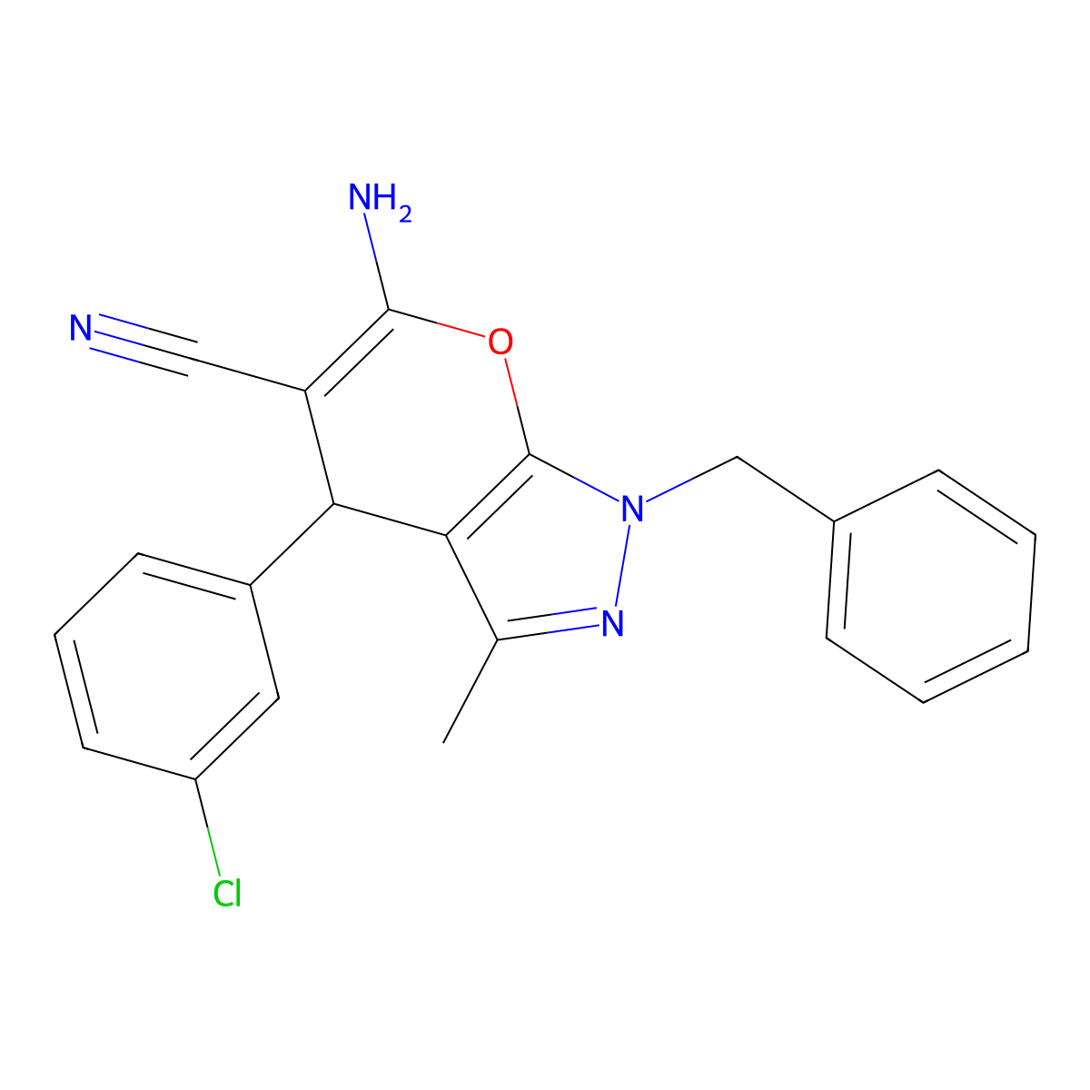 6-amino-4-(3-chlorophenyl)-3-methyl-1-(phenylmethyl)-4H-pyrano[2,3-c]pyrazole-5-carbonitrile molecular structure, CAS 5846-35-5