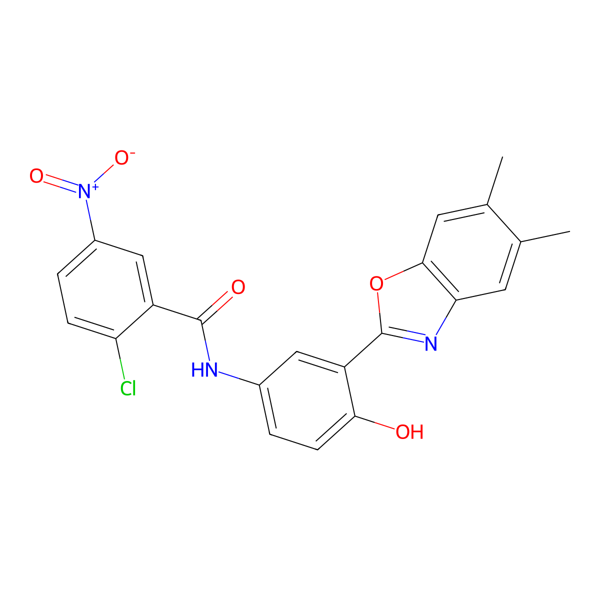 2-Chloro-N-[3-(5,6-dimethyl-1,3-benzoxazol-2-YL)-4-hydroxyphenyl]-5-nitrobenzamide molecular structure, CAS 5846-41-3