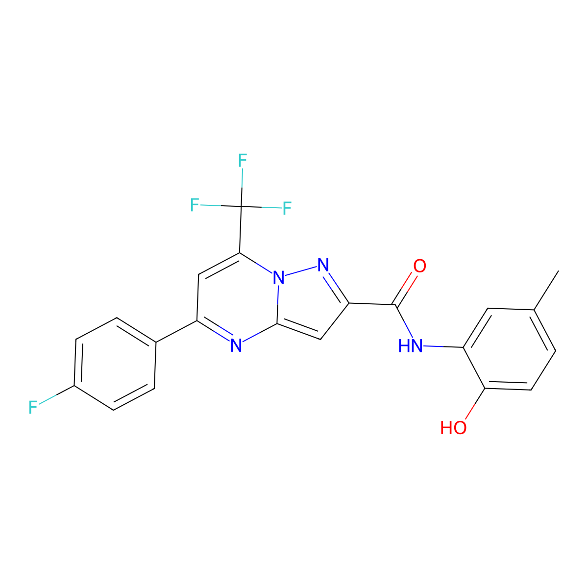 5-(4-fluorophenyl)-N-(2-hydroxy-5-methylphenyl)-7-(trifluoromethyl)pyrazolo[1,5-a]pyrimidine-2-carboxamide molecular structure, CAS 5846-72-0