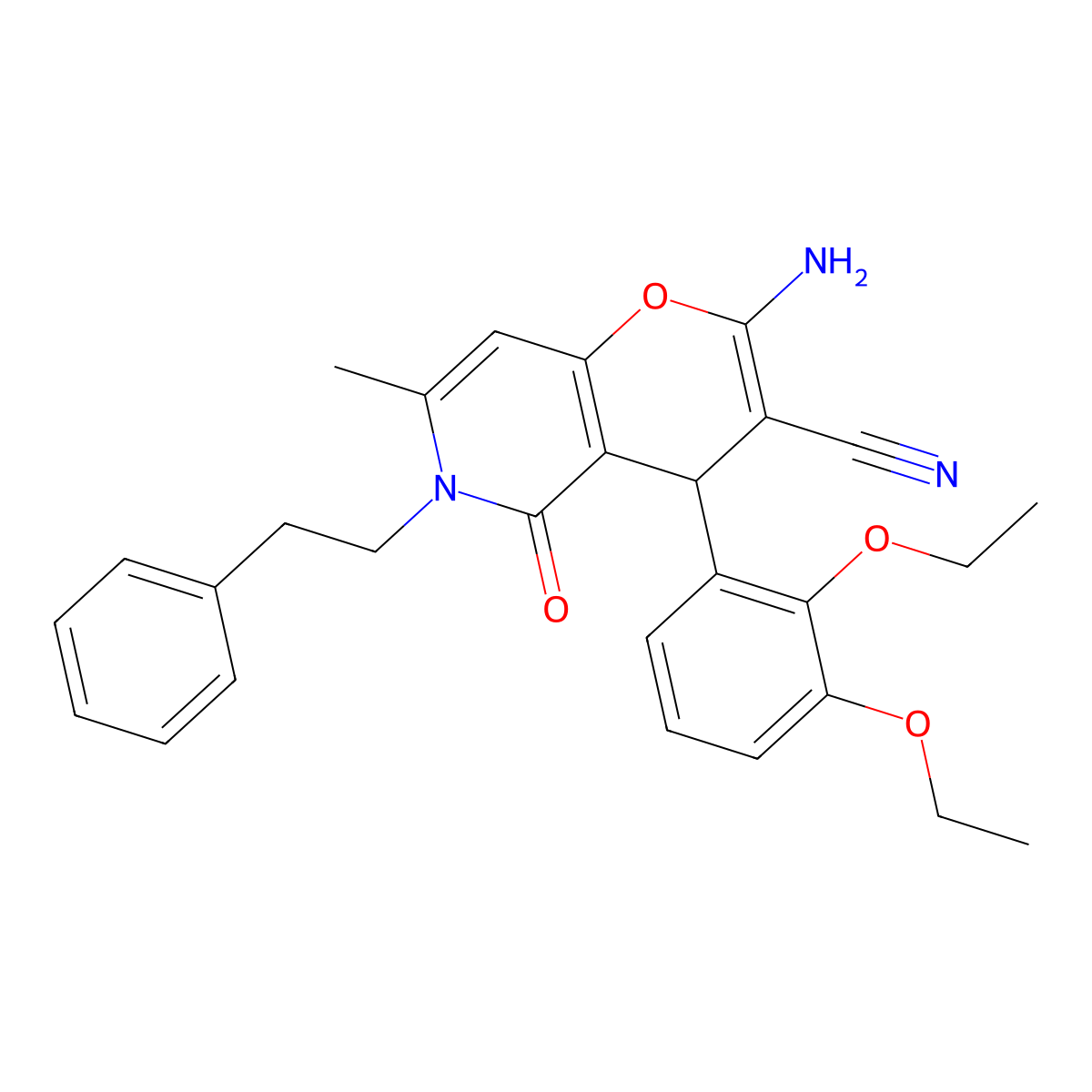 2-amino-4-(2,3-diethoxyphenyl)-7-methyl-5-oxo-6-(2-phenylethyl)-5,6-dihydro-4H-pyrano[3,2-c]pyridine-3-carbonitrile molecular structure, CAS 5847-63-2