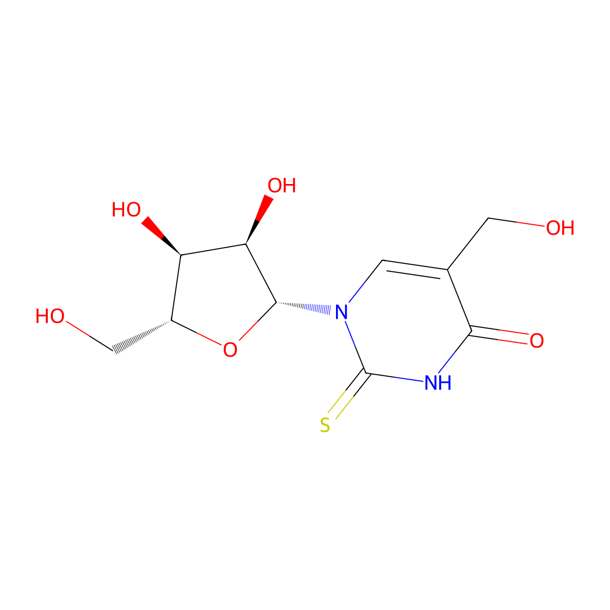 1-((2R,3R,4S,5R)-3,4-dihydroxy-5-(hydroxymethyl)tetrahydrofuran-2-yl)-5-(hydroxymethyl)-2-thioxo-2,3-dihydropyrimidin-4(1H)-one molecular structure, CAS 58479-79-1
