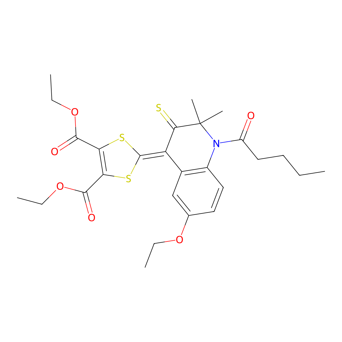 Diethyl 2-(6-ethoxy-2,2-dimethyl-1-pentanoyl-3-sulfanylidenequinolin-4-ylidene)-1,3-dithiole-4,5-dicarboxylate molecular structure, CAS 5848-17-9