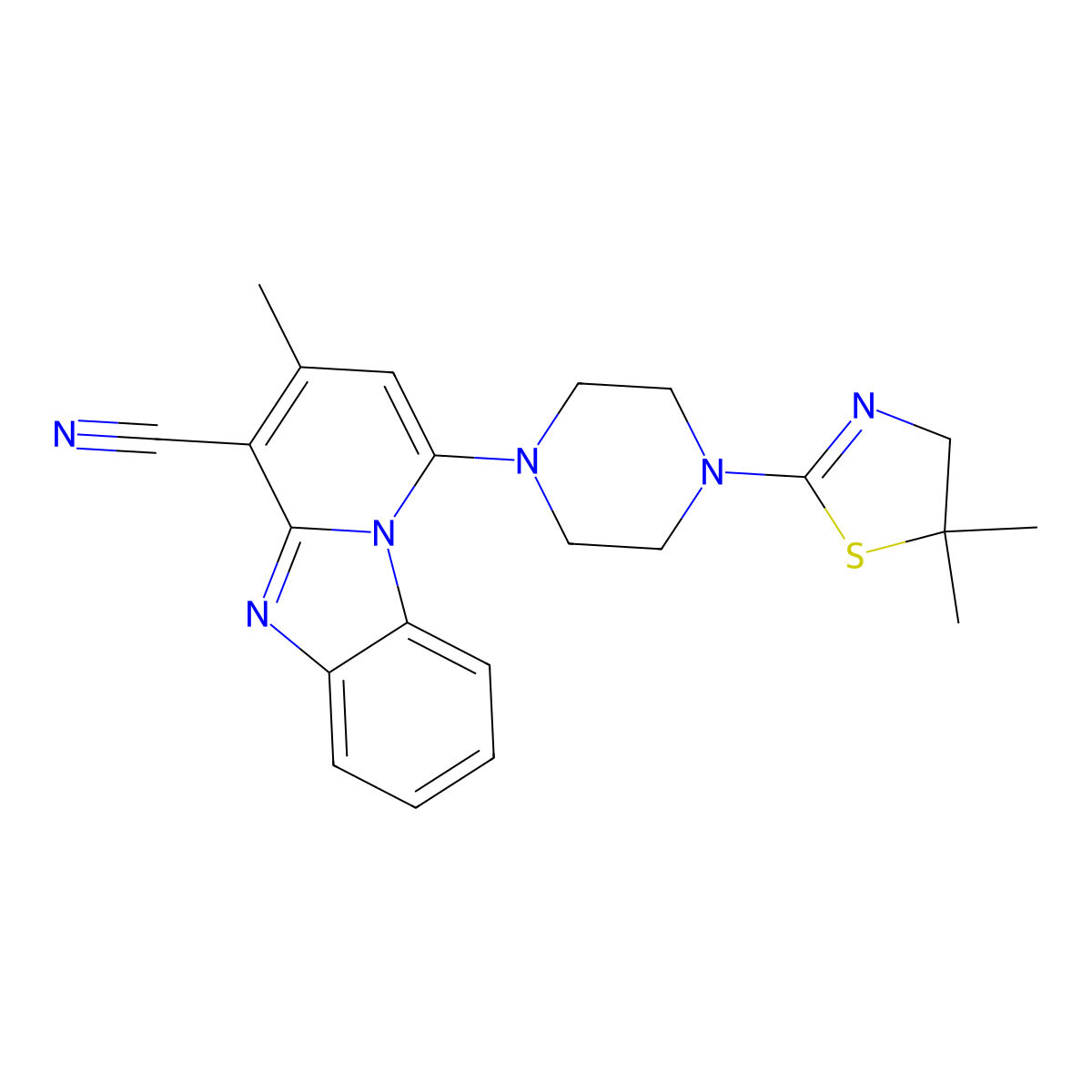 1-[4-(5,5-dimethyl-4H-1,3-thiazol-2-yl)piperazin-1-yl]-3-methylpyrido[1,2-a]benzimidazole-4-carbonitrile molecular structure, CAS 5849-31-0