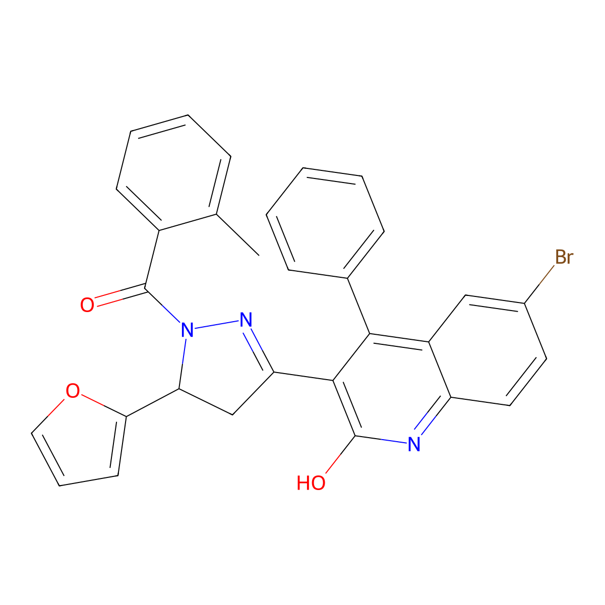 [3-(6-bromo-2-hydroxy-4-phenylquinolin-3-yl)-5-(furan-2-yl)-4,5-dihydro-1H-pyrazol-1-yl](2-methylphenyl)methanone molecular structure, CAS 5849-63-8