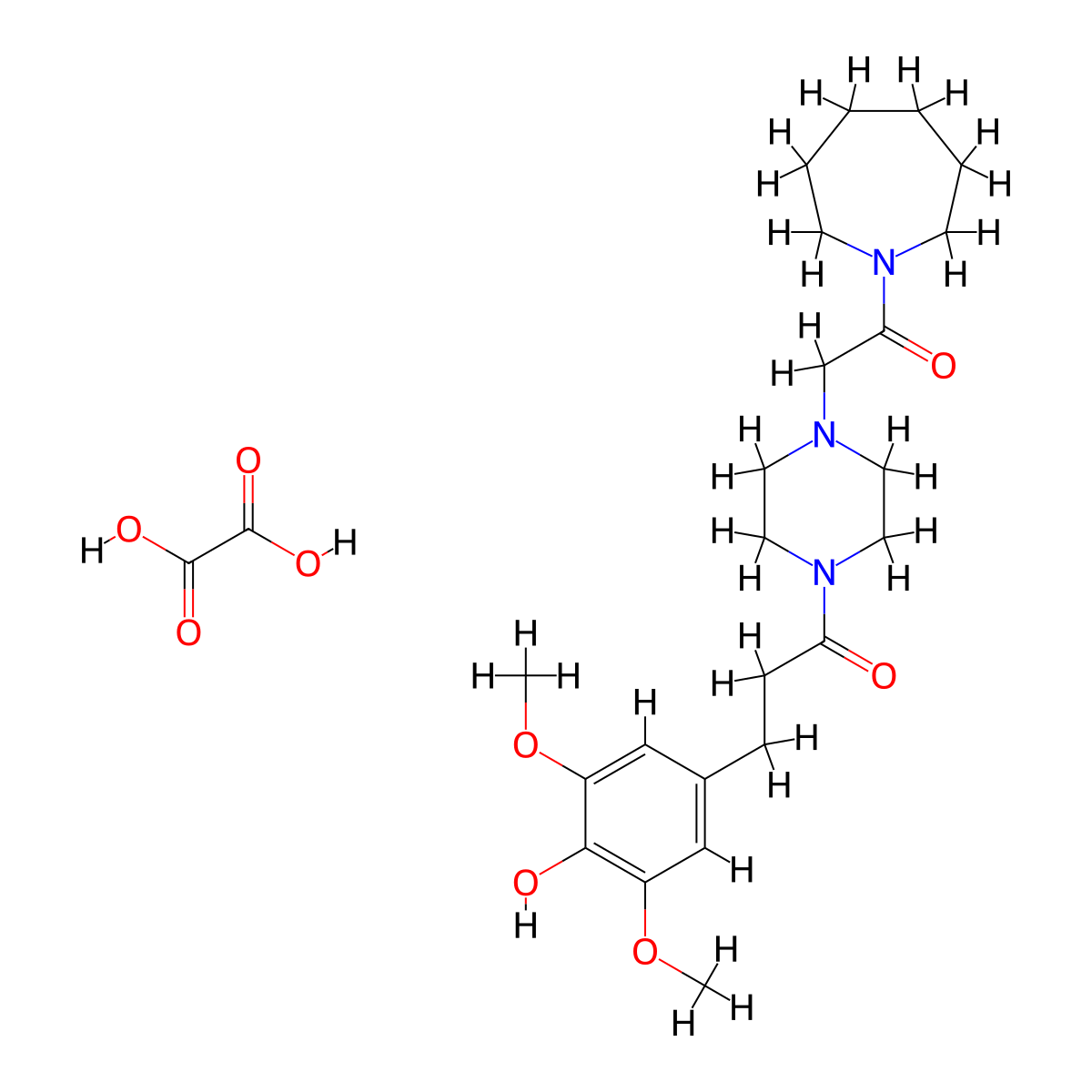 Piperazine, 1-((3,5-dimethoxy-4-hydroxy)dihydrocinnamoyl)-4-hexahydroazepinylcarbonylmethyl-, oxalate molecular structure, CAS 58493-22-4
