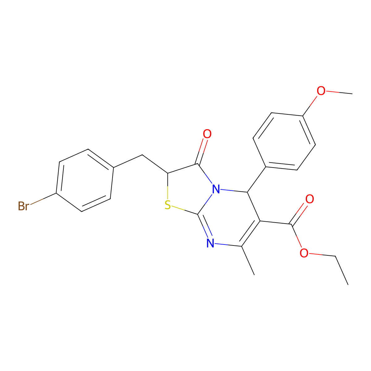 Ethyl 2-(4-bromobenzyl)-5-(4-methoxyphenyl)-7-methyl-3-oxo-3,5-dihydro-2H-thiazolo[3,2-a]pyrimidine-6-carboxylate molecular structure, CAS 5850-97-5