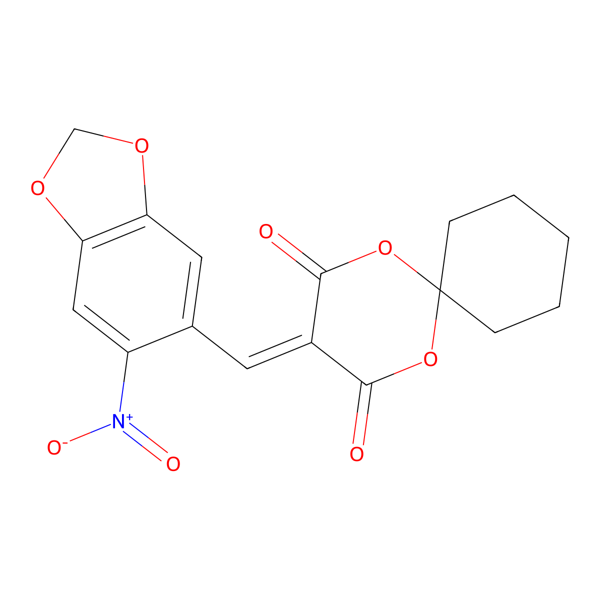 3-[(6-Nitro-1,3-benzodioxol-5-yl)methylidene]-1,5-dioxaspiro[5.5]undecane-2,4-dione molecular structure, CAS 5854-21-7
