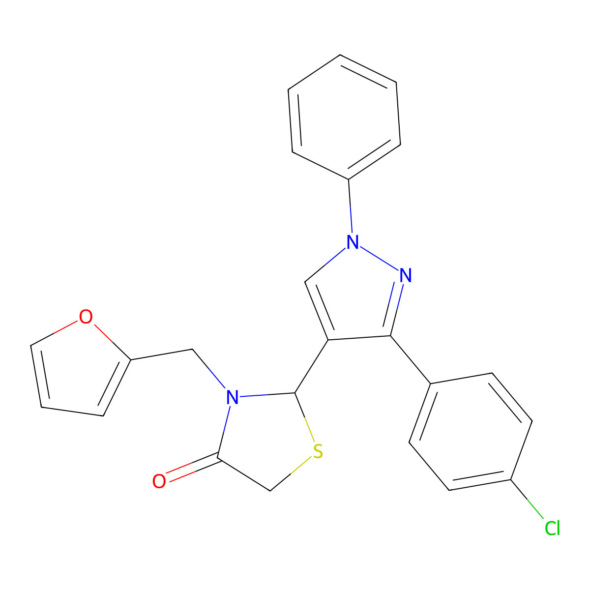 2-[3-(4-chlorophenyl)-1-phenyl-1H-pyrazol-4-yl]-3-(furan-2-ylmethyl)-1,3-thiazolidin-4-one molecular structure, CAS 5855-30-1