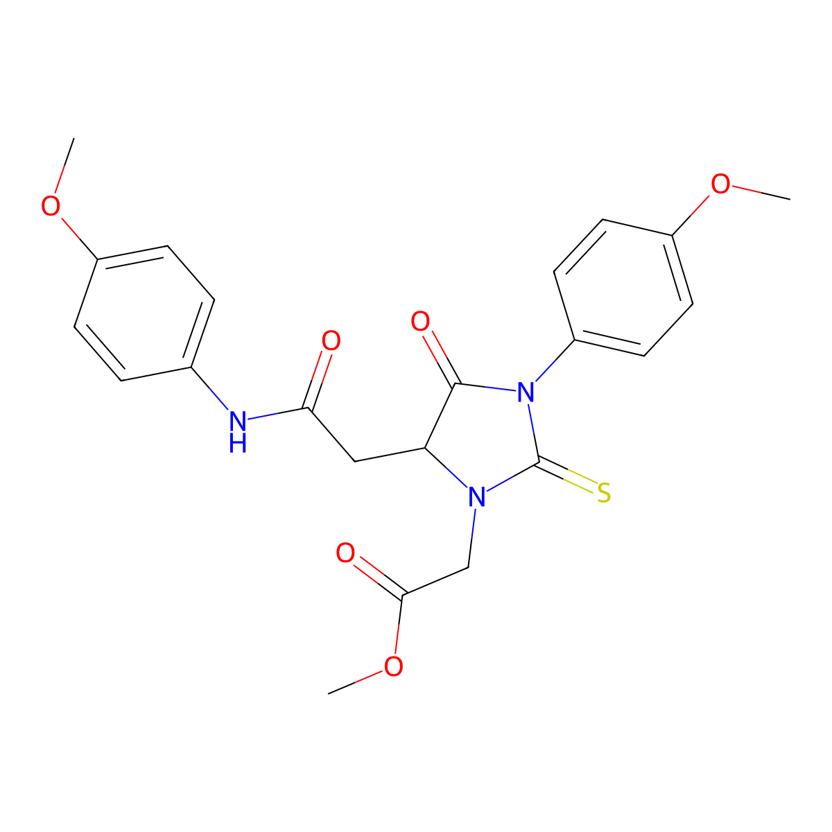 Methyl [3-(4-methoxyphenyl)-5-{2-[(4-methoxyphenyl)amino]-2-oxoethyl}-4-oxo-2-thioxoimidazolidin-1-yl]acetate molecular structure, CAS 585519-66-0