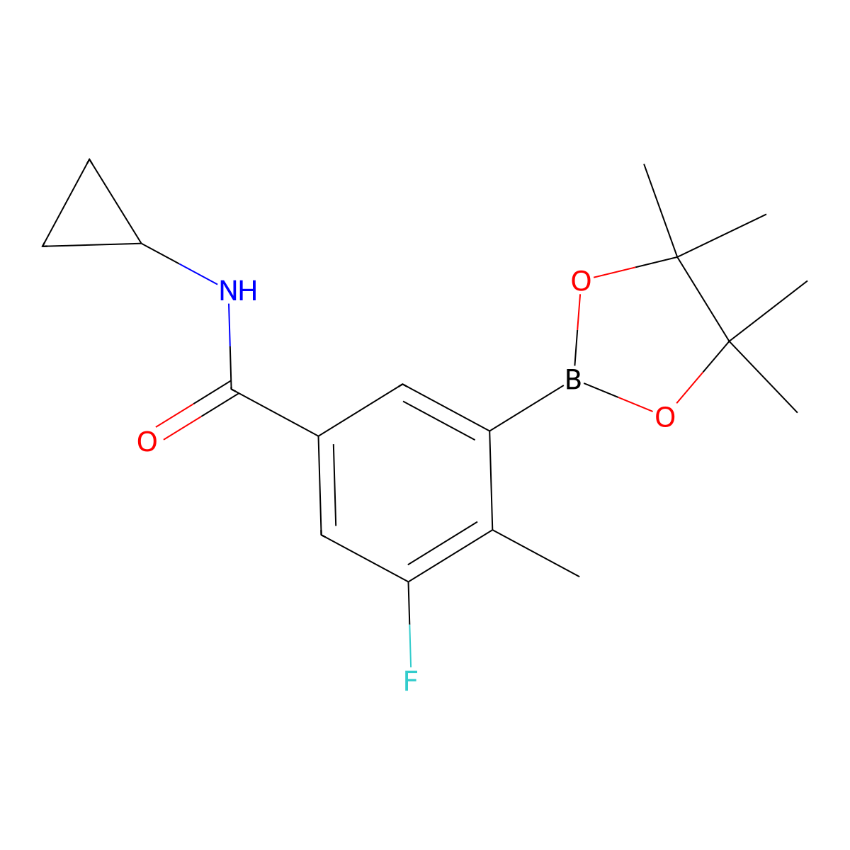 N-cyclopropyl-3-fluoro-4-methyl-5-(4,4,5,5-tetramethyl-1,3,2-dioxaborolan-2-yl)benzamide molecular structure, CAS 585544-29-2
