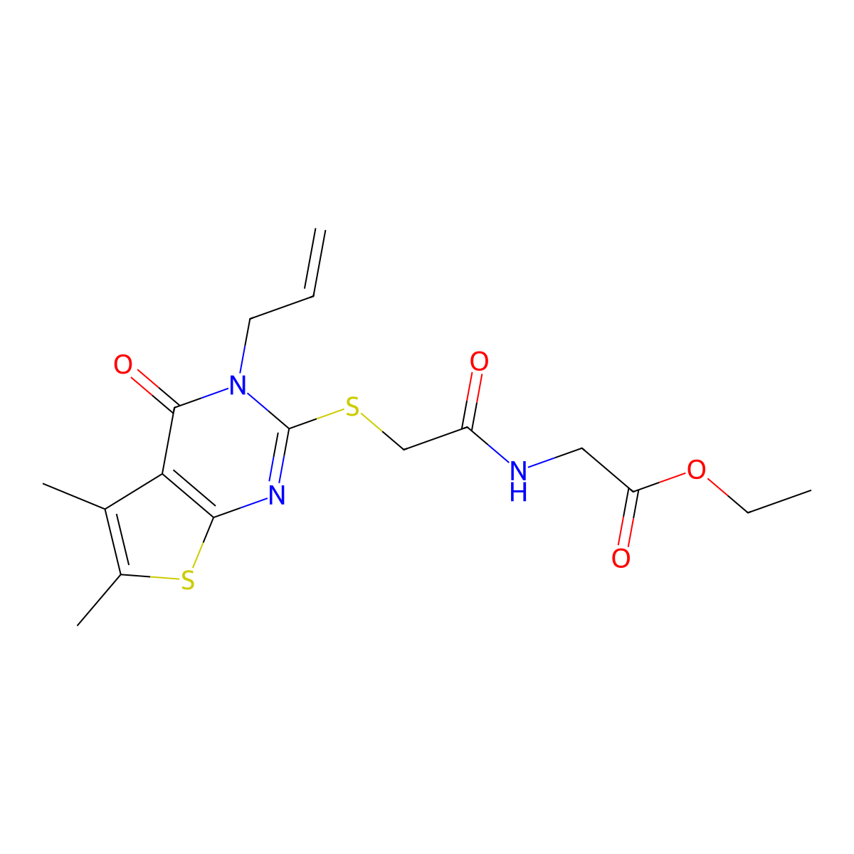 Ethyl 2-[2-(5,6-dimethyl-4-oxo-3-prop-2-enyl-3-hydrothiopheno[2,3-d]pyrimidin-2-ylthio)acetylamino]acetate molecular structure, CAS 585549-06-0