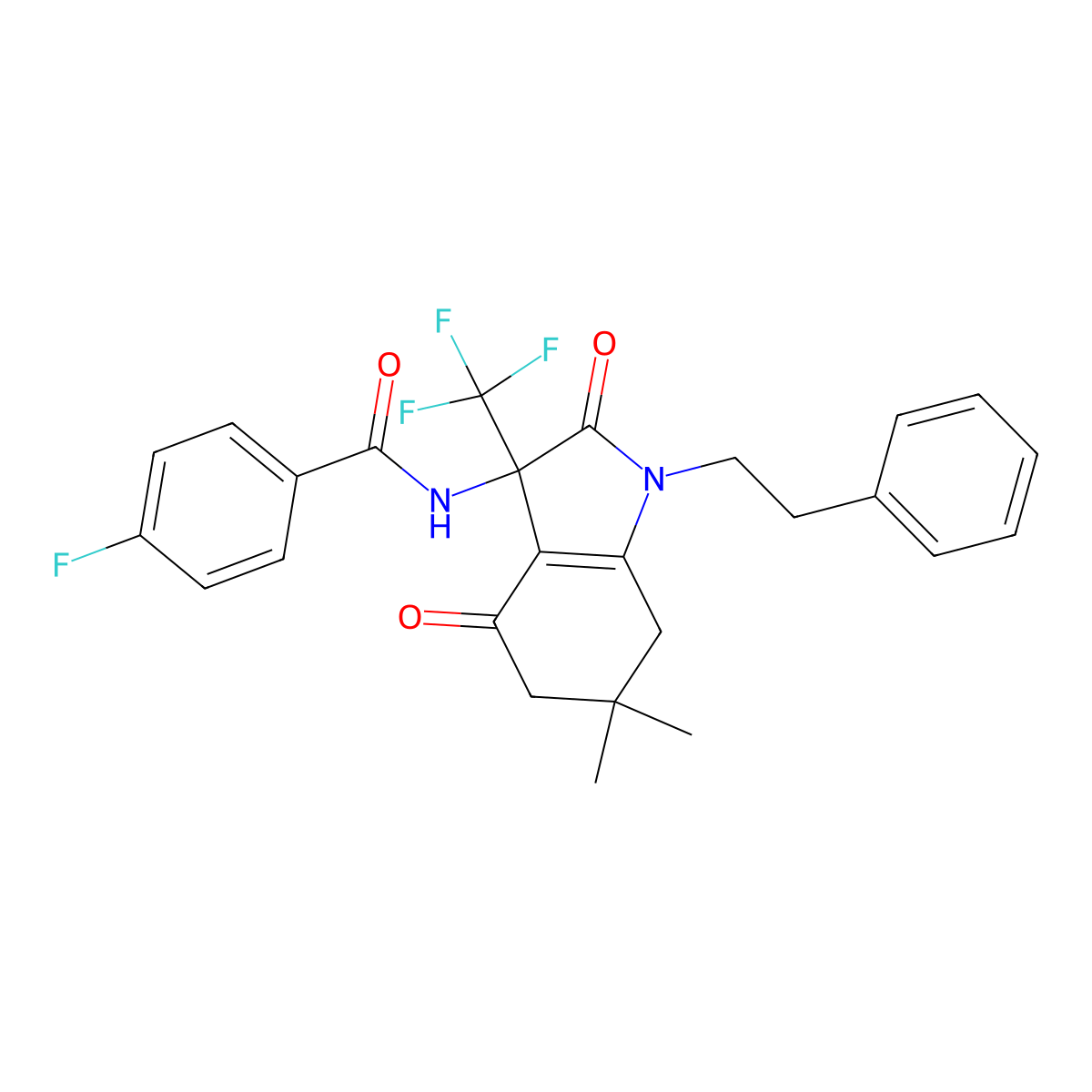 N-[6,6-dimethyl-2,4-dioxo-1-(2-phenylethyl)-3-(trifluoromethyl)-2,3,4,5,6,7-hexahydro-1H-indol-3-yl]-4-fluorobenzamide molecular structure, CAS 585549-18-4