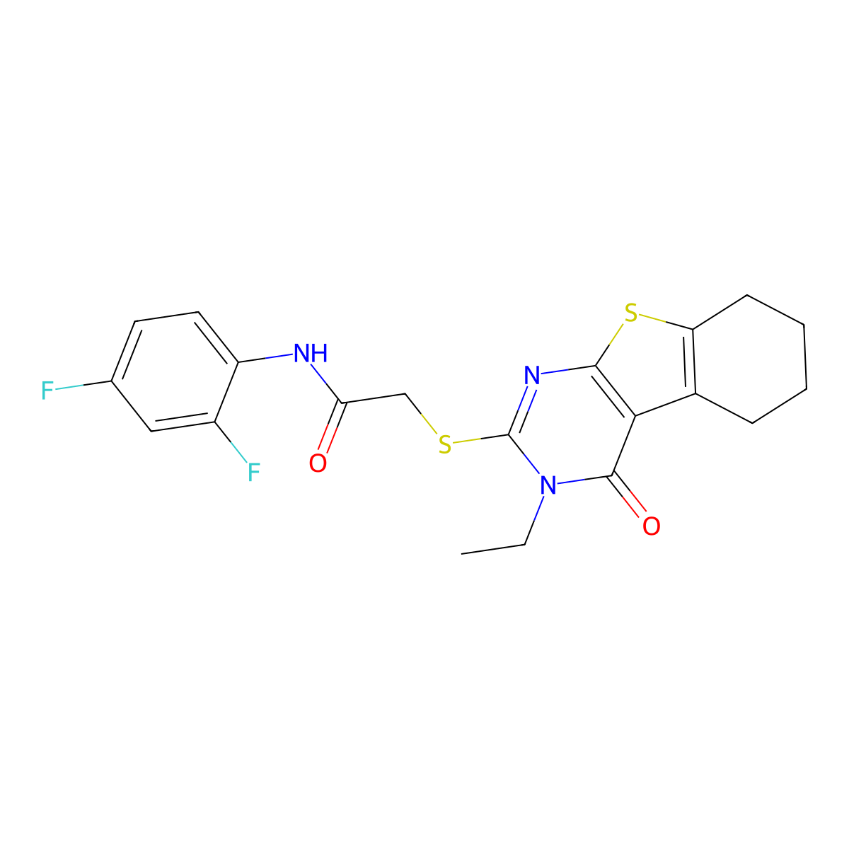 N-(2,4-Difluorophenyl)-2-((3-ethyl-4-oxo-3,4,5,6,7,8-hexahydro(1)benzothieno(2,3-D)pyrimidin-2-YL)sulfanyl)acetamide molecular structure, CAS 585549-56-0