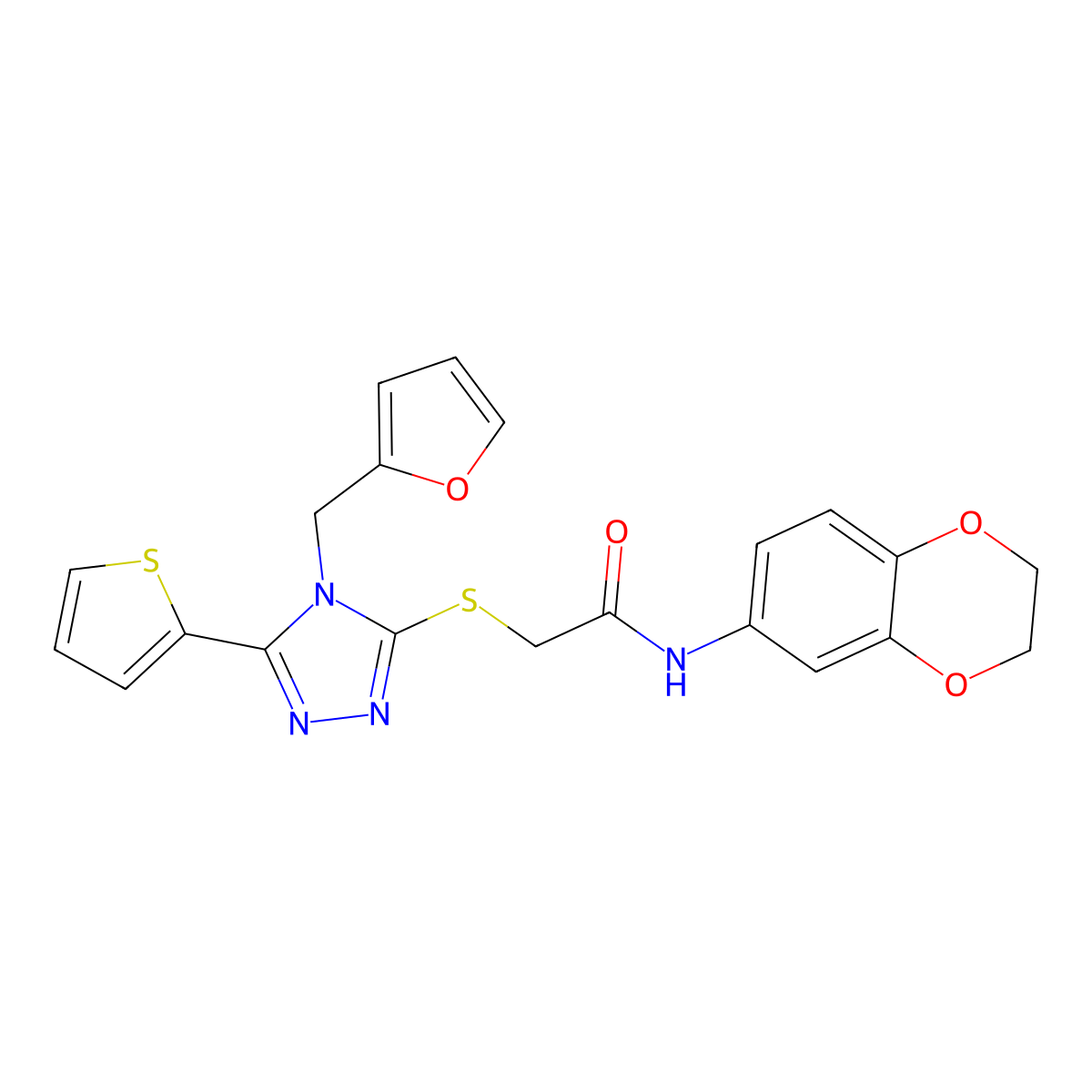 N-(2,3-dihydro-1,4-benzodioxin-6-yl)-2-[[4-(furan-2-ylmethyl)-5-thiophen-2-yl-1,2,4-triazol-3-yl]sulfanyl]acetamide molecular structure, CAS 585550-01-2
