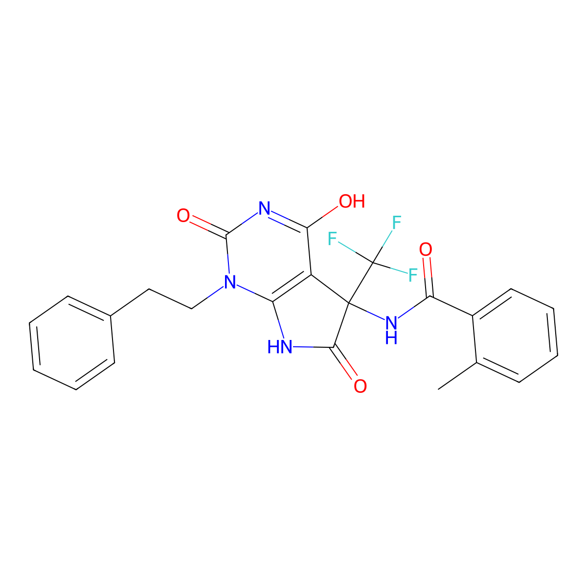 N-[4-hydroxy-2,6-dioxo-1-(2-phenylethyl)-5-(trifluoromethyl)-2,5,6,7-tetrahydro-1H-pyrrolo[2,3-d]pyrimidin-5-yl]-2-methylbenzamide molecular structure, CAS 585550-92-1
