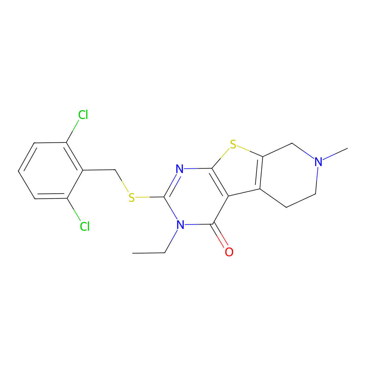 2-[(2,6-dichlorophenyl)methylsulfanyl]-3-ethyl-7-methyl-6,8-dihydro-5H-pyrido[2,3]thieno[2,4-b]pyrimidin-4-one molecular structure, CAS 585551-08-2