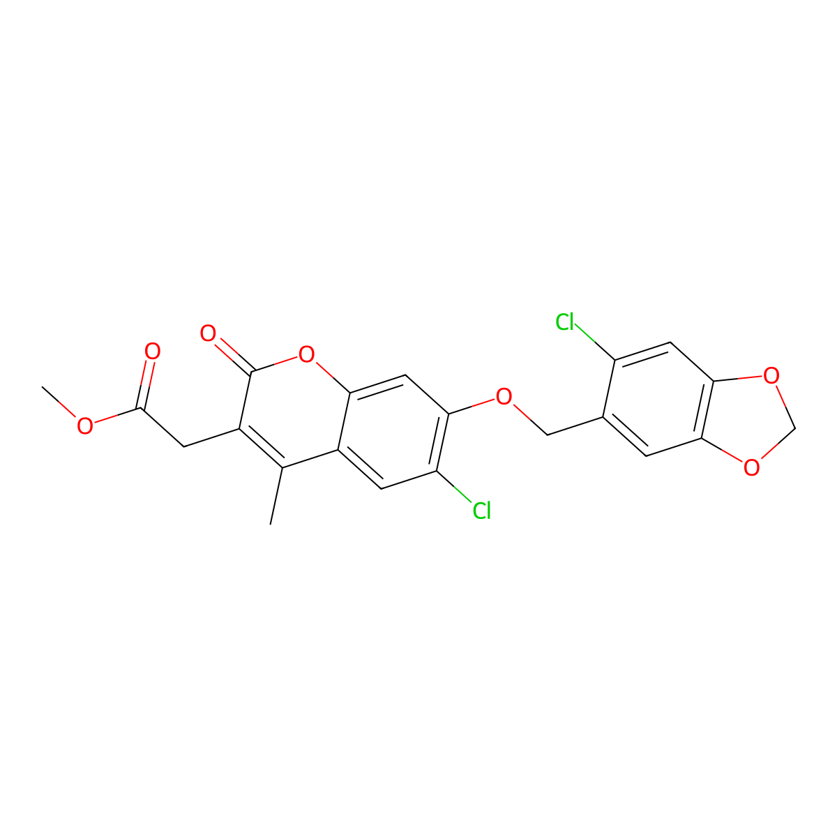 methyl {6-chloro-7-[(6-chloro-1,3-benzodioxol-5-yl)methoxy]-4-methyl-2-oxo-2H-chromen-3-yl}acetate molecular structure, CAS 585551-18-4