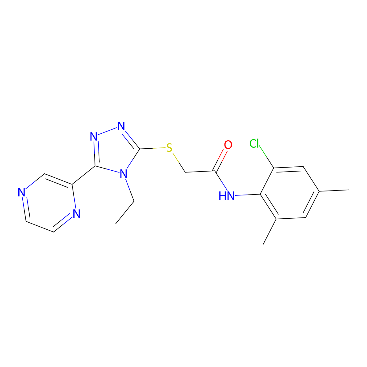 N-(2-Chloro-4,6-dimethylphenyl)-2-{[4-ethyl-5-(2-pyrazinyl)-4H-1,2,4-triazol-3-YL]sulfanyl}acetamide molecular structure, CAS 585551-40-2