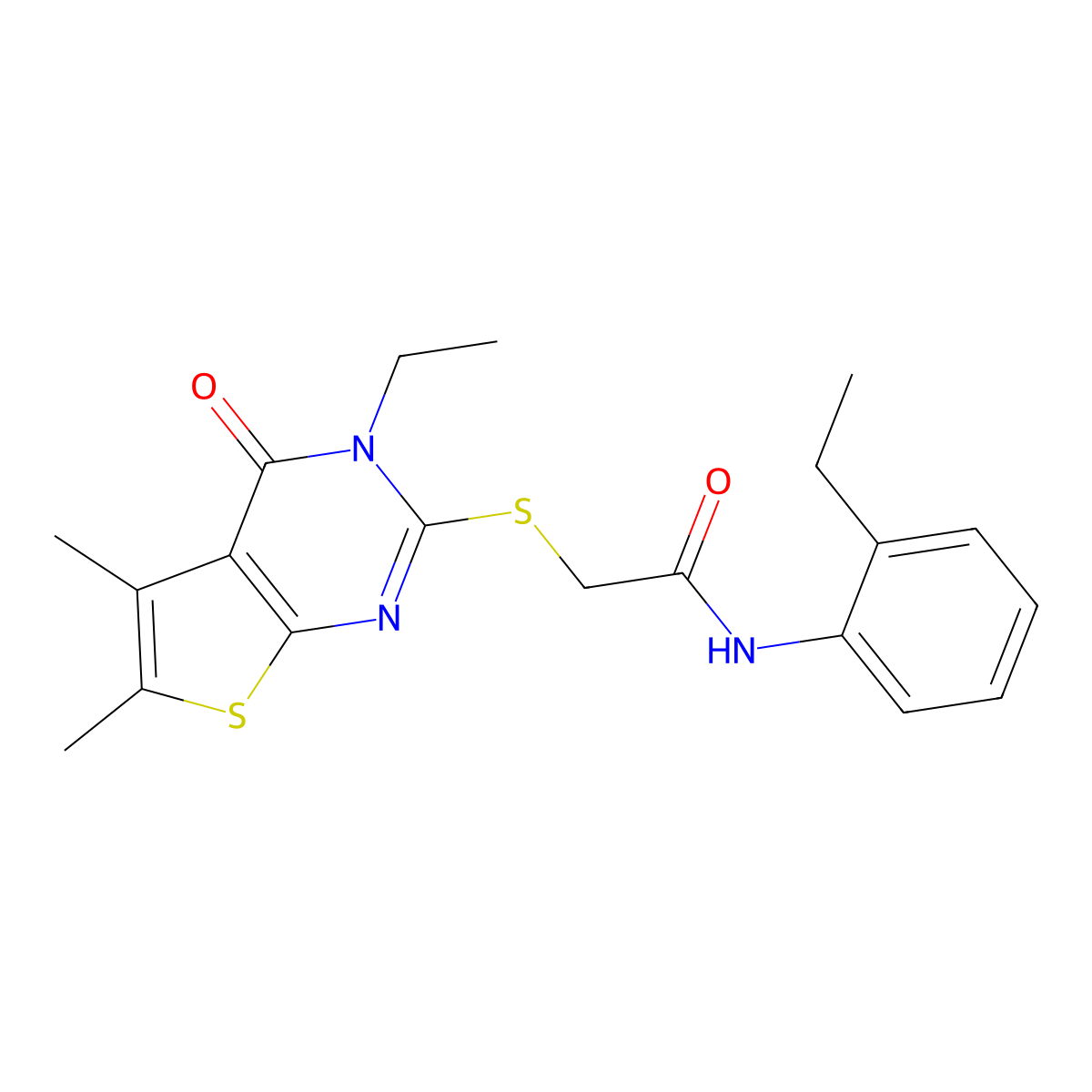 2-[(3-Ethyl-5,6-dimethyl-4-oxo-3,4-dihydrothieno[2,3-D]pyrimidin-2-YL)sulfanyl]-N-(2-ethylphenyl)acetamide molecular structure, CAS 585551-77-5