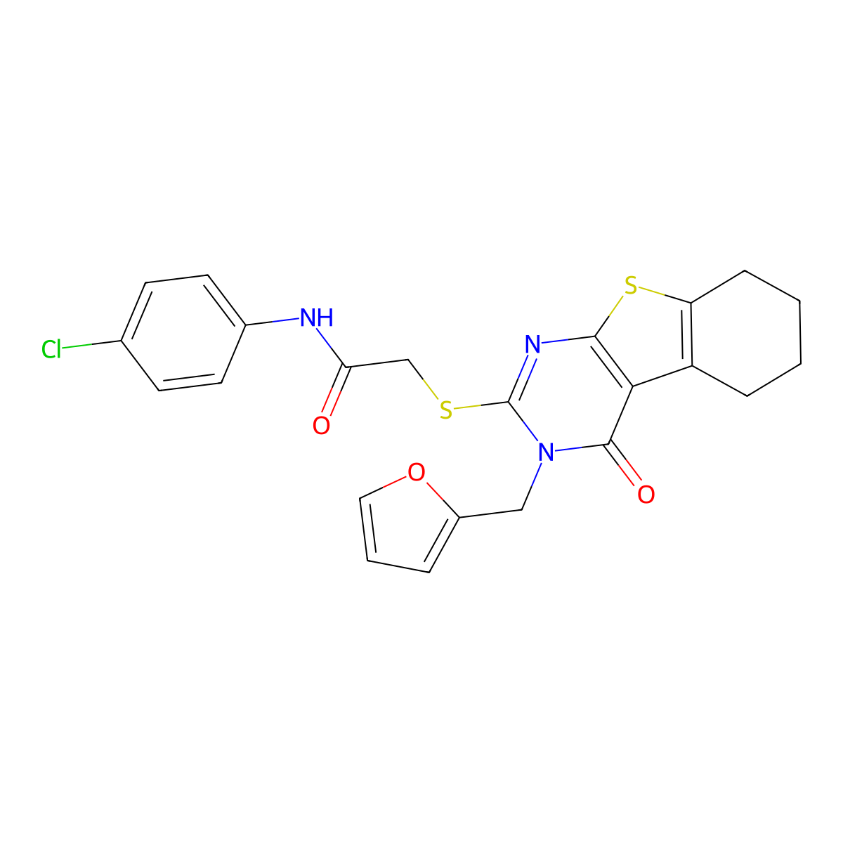 N-(4-chlorophenyl)-2-[3-(2-furylmethyl)-4-oxo(3,5,6,7,8-pentahydrobenzo[b]thio pheno[2,3-d]pyrimidin-2-ylthio)]acetamide molecular structure, CAS 585551-81-1
