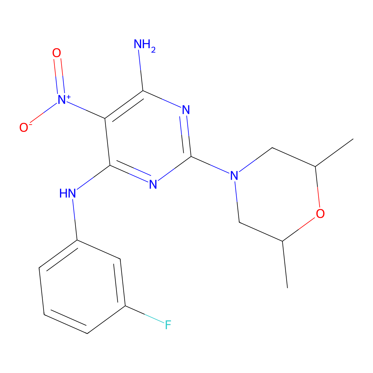 2-(2,6-dimethylmorpholin-4-yl)-N-(3-fluorophenyl)-5-nitropyrimidine-4,6-diamine molecular structure, CAS 585551-83-3
