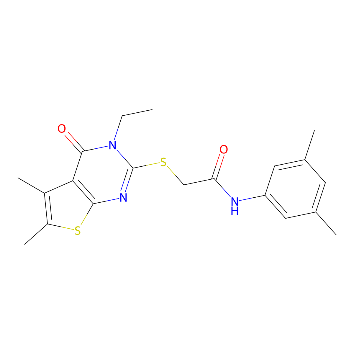 N-(3,5-Dimethylphenyl)-2-((3-ethyl-5,6-dimethyl-4-oxo-3,4-dihydrothieno(2,3-D)pyrimidin-2-YL)sulfanyl)acetamide molecular structure, CAS 585552-00-7
