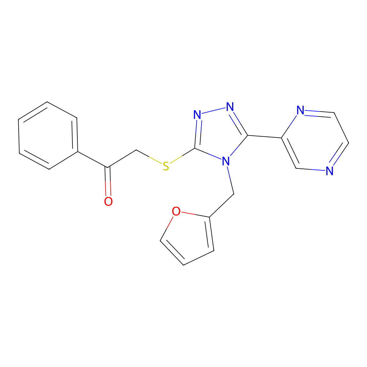 2-{[4-(furan-2-ylmethyl)-5-(pyrazin-2-yl)-4H-1,2,4-triazol-3-yl]sulfanyl}-1-phenylethanone molecular structure, CAS 585552-40-5