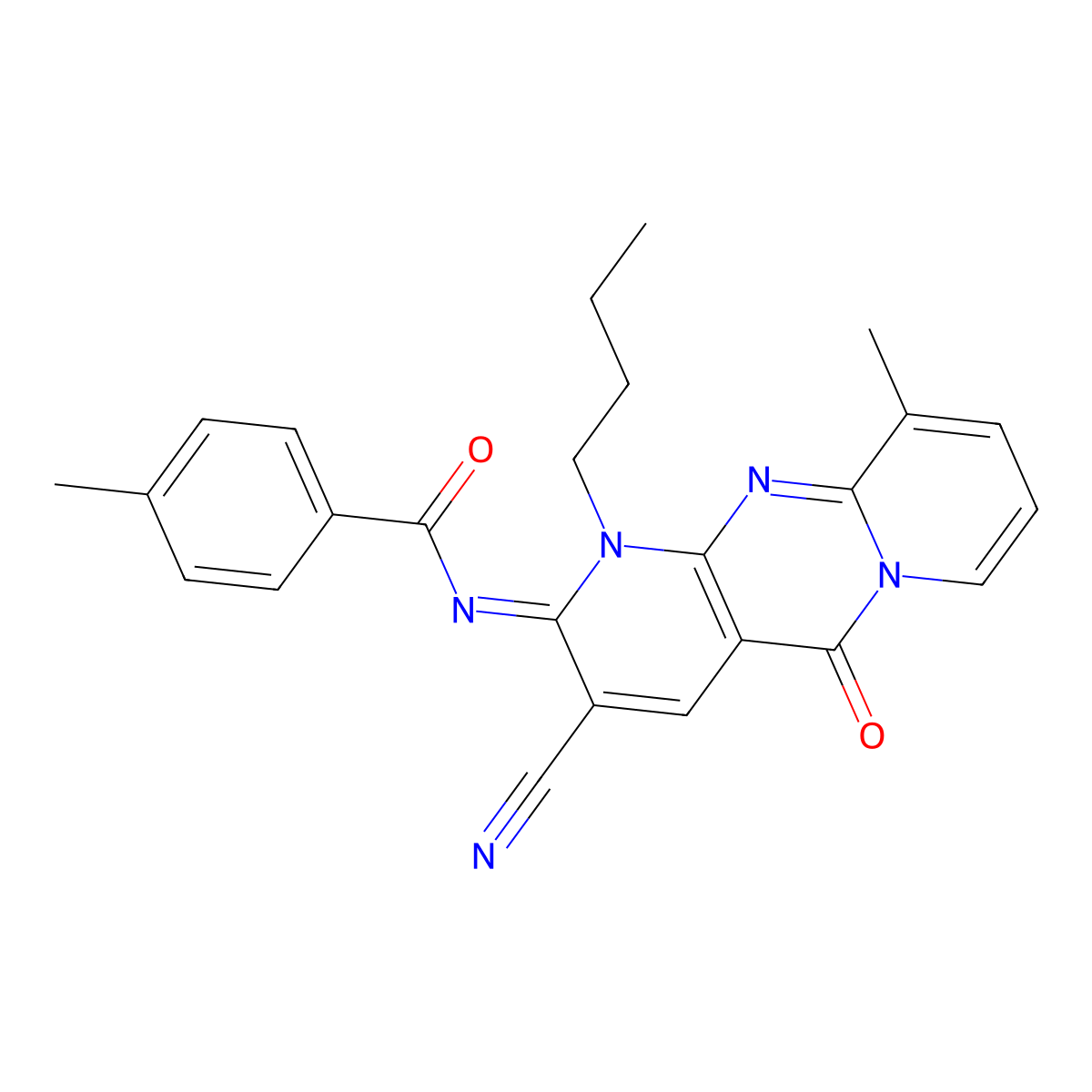 N-(1-butyl-3-cyano-10-methyl-5-oxo-1,5-dihydro-2H-dipyrido[1,2-a:2,3-d]pyrimidin-2-ylidene)-4-methylbenzamide molecular structure, CAS 585552-86-9