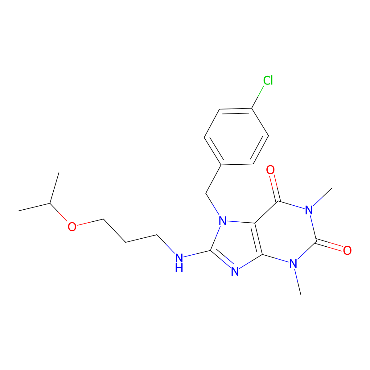 7-(4-chlorobenzyl)-1,3-dimethyl-8-{[3-(propan-2-yloxy)propyl]amino}-3,7-dihydro-1H-purine-2,6-dione molecular structure, CAS 585553-02-2